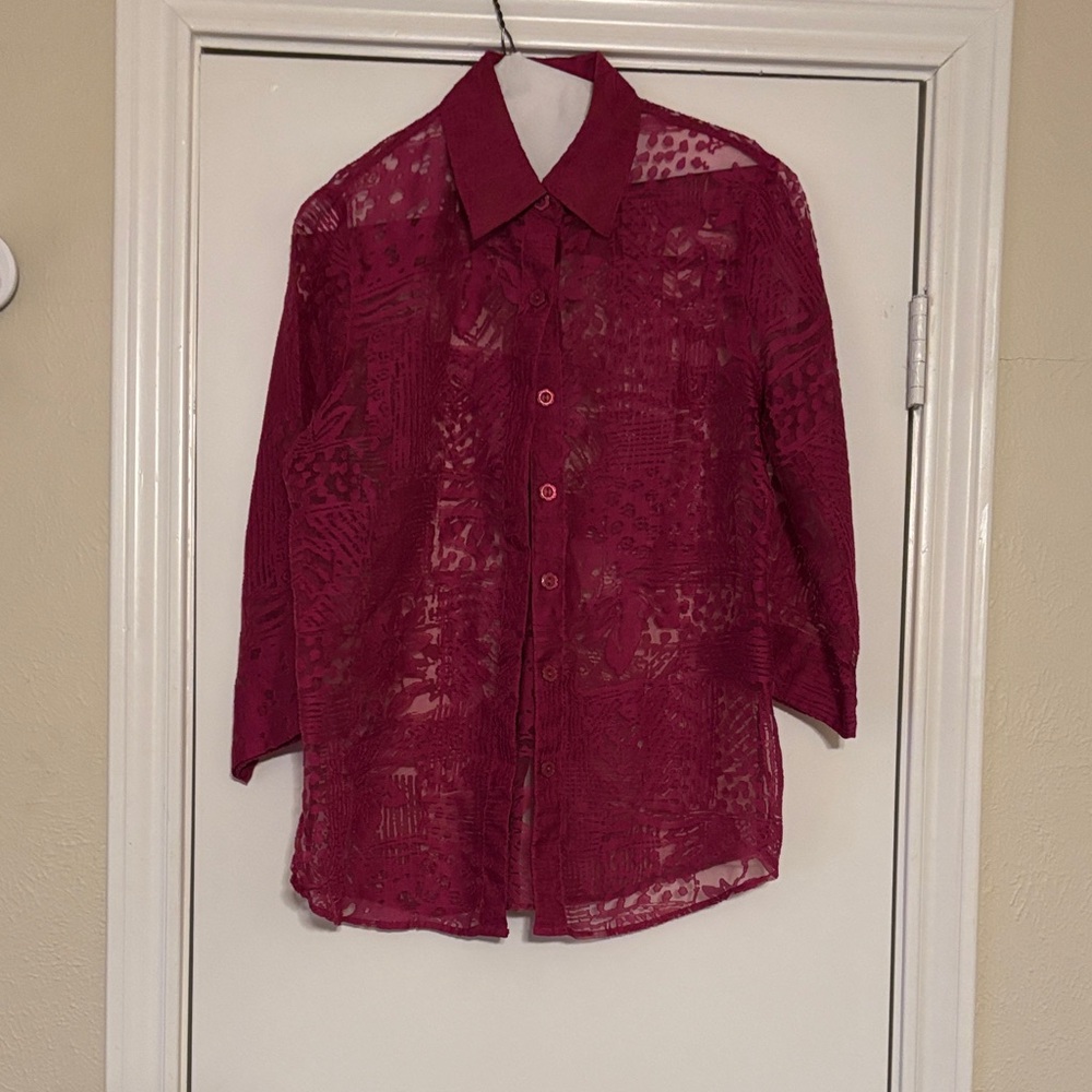 Chic Sheer Burgundy Button Down Shirt